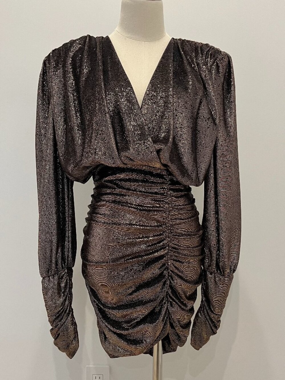 Redemption Brown Metallic Mini Dress w/ Shoulder Pads & Ruched Bottom Size IT 42